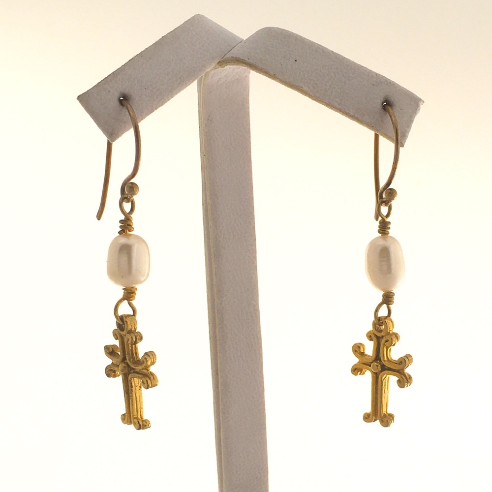 Gold white pearl cross dangle Boho hook earrings